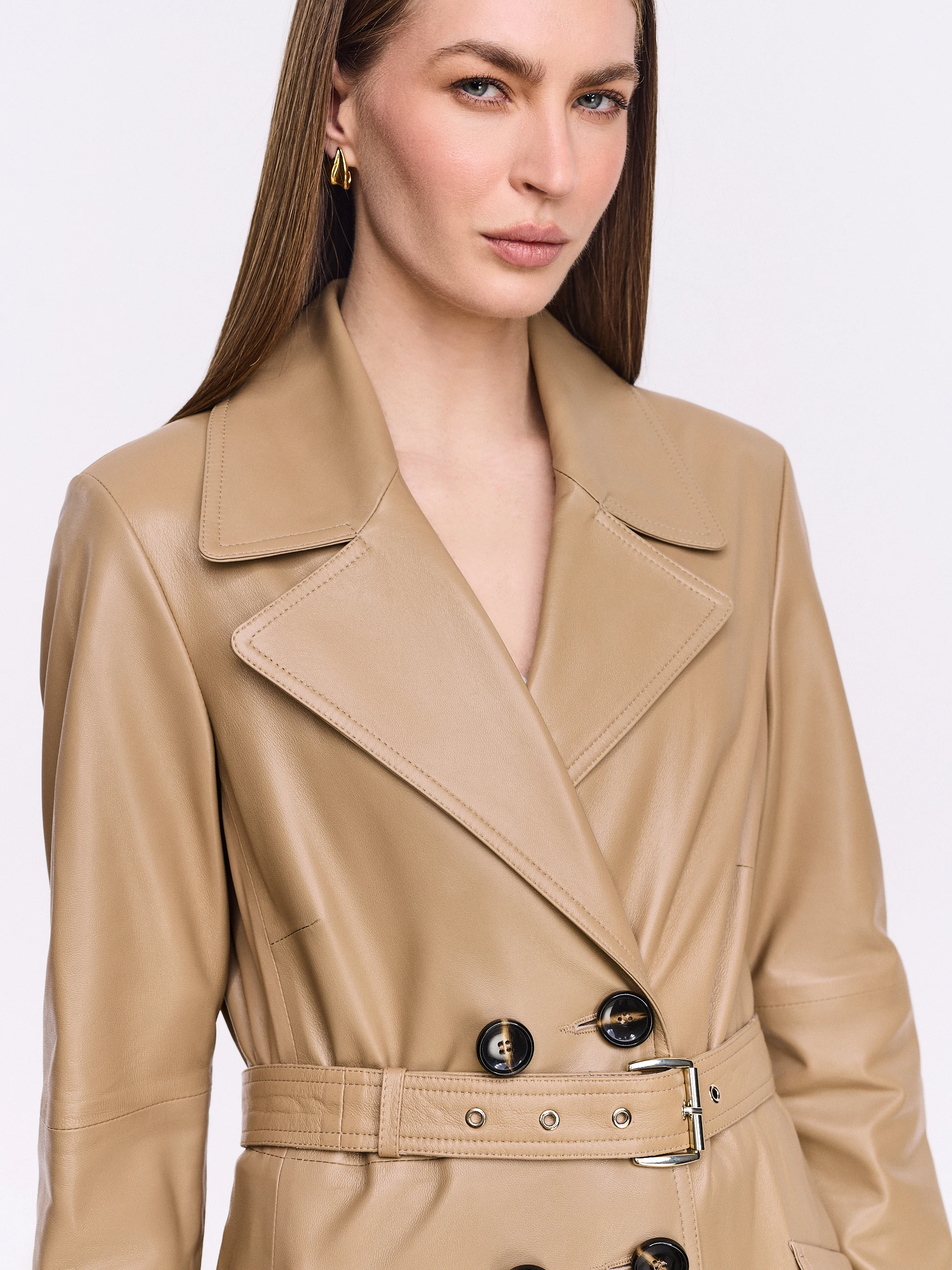 Brown leather double-breasted coat