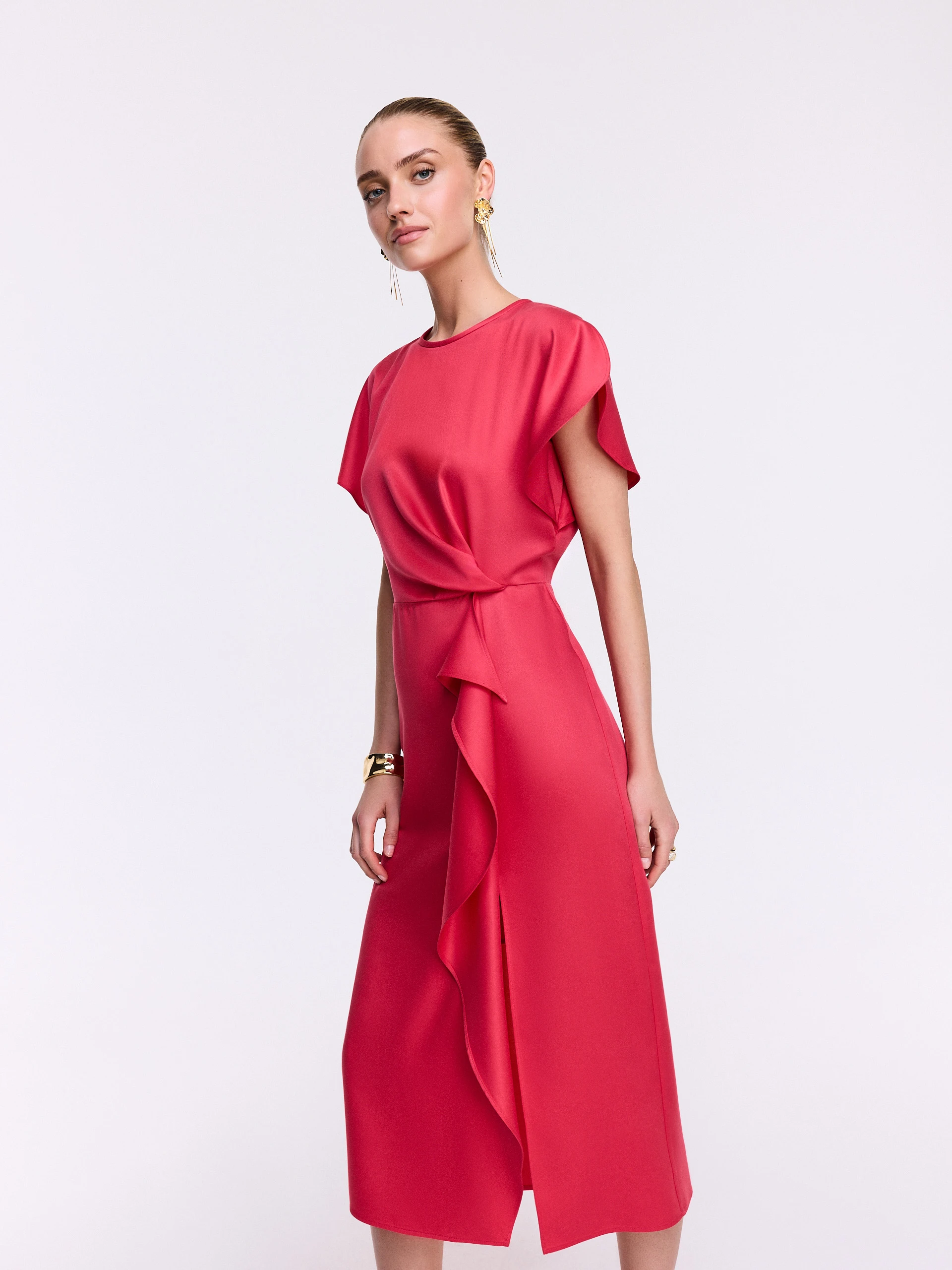 Coral Draped Midi Dress