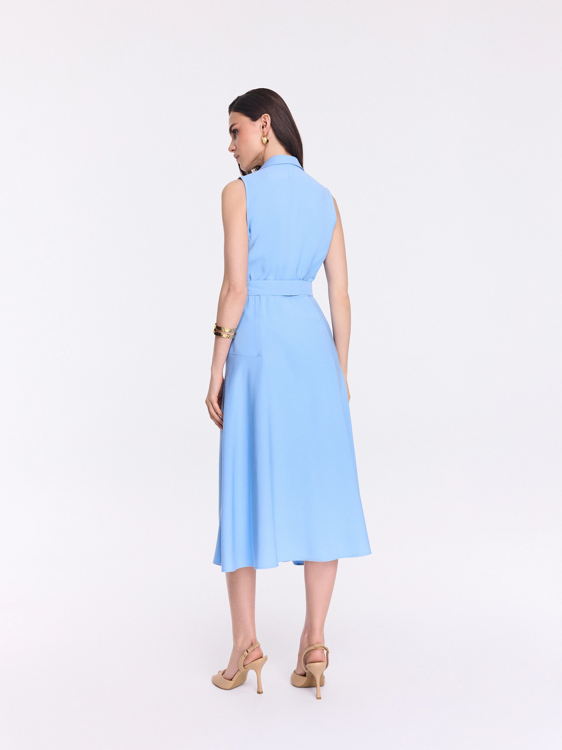 Blue sleeveless midi shirt dress
