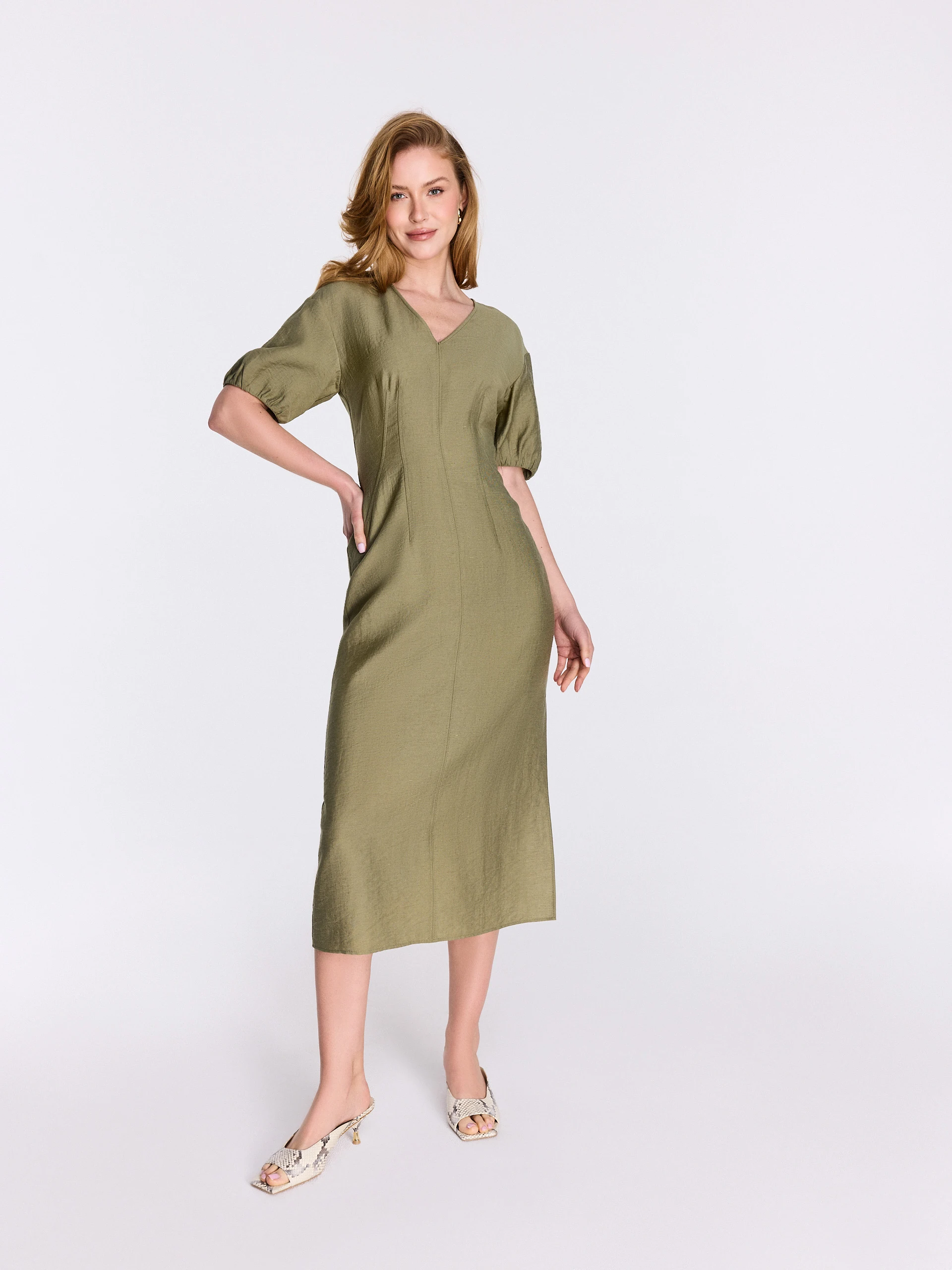 Olive-green midi dress with puff sleeves