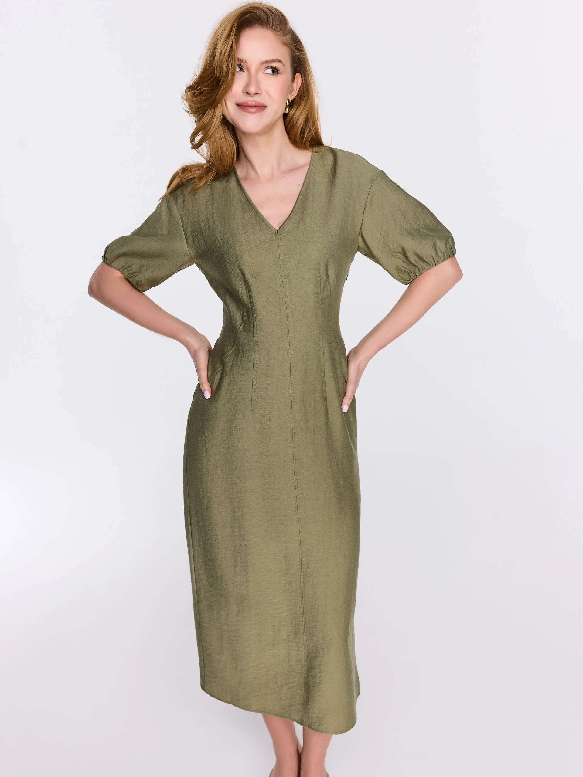 Olive-green midi dress with puff sleeves