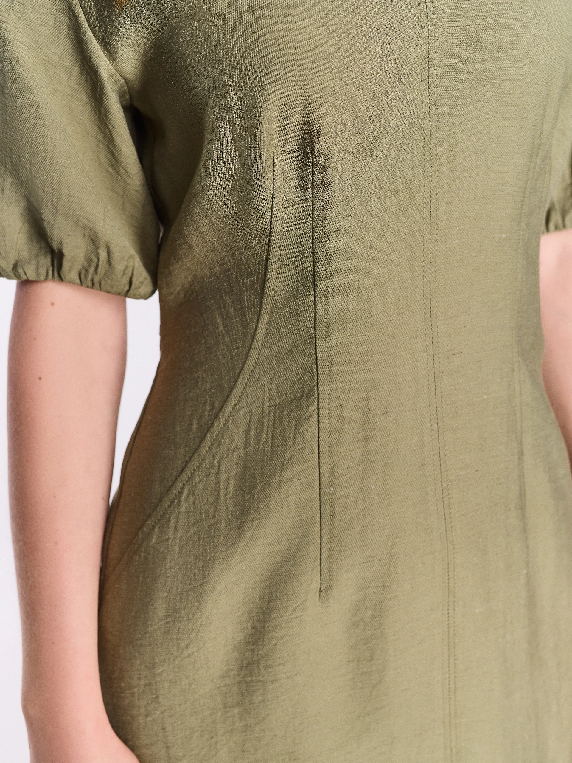 Olive-green midi dress with puff sleeves