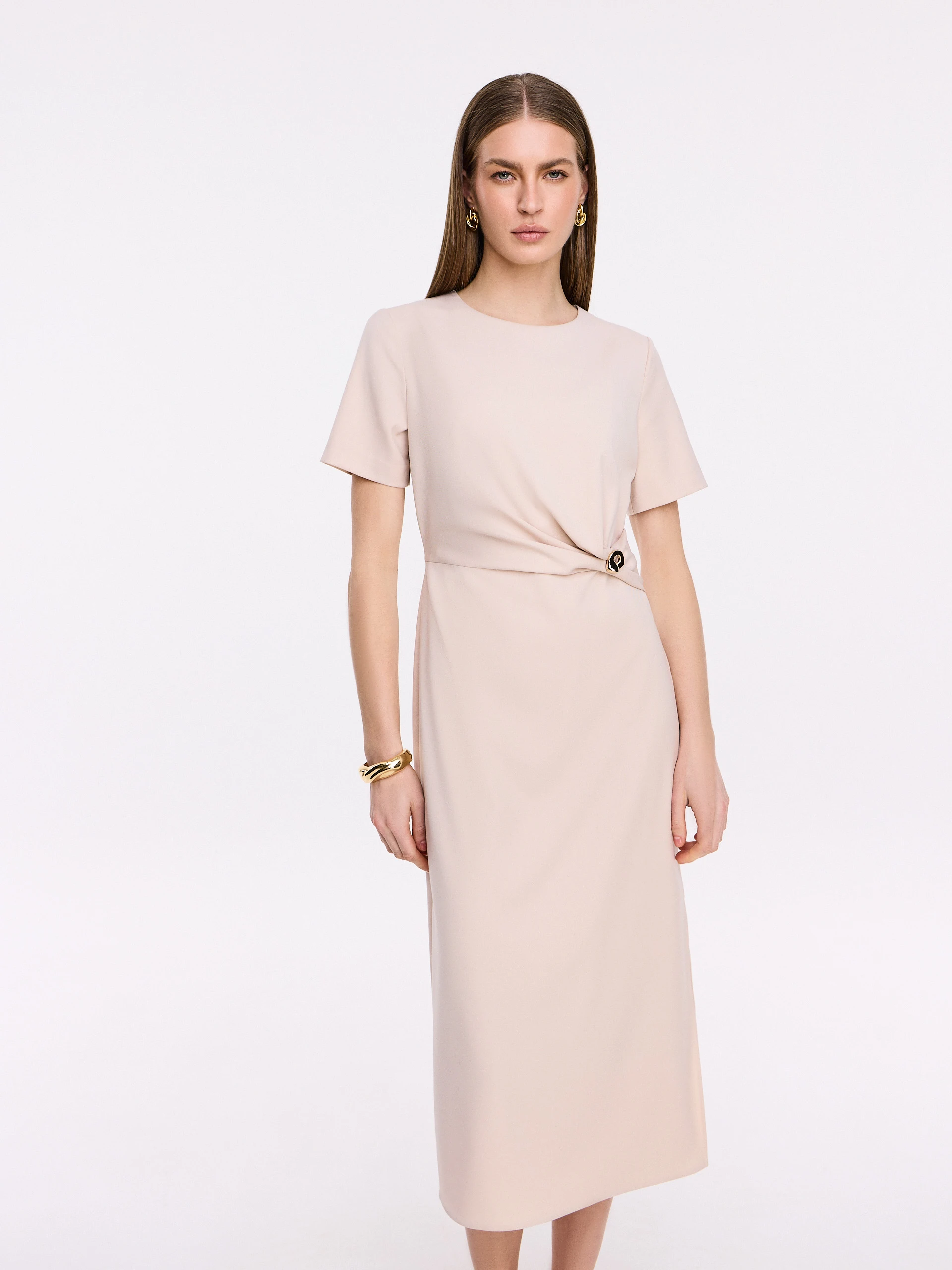 sachin and babi light blue dress Anoola Round Neck Short Sleeve Midi Dress Cream, STYLE D473/Vanilla/Gold- Cream