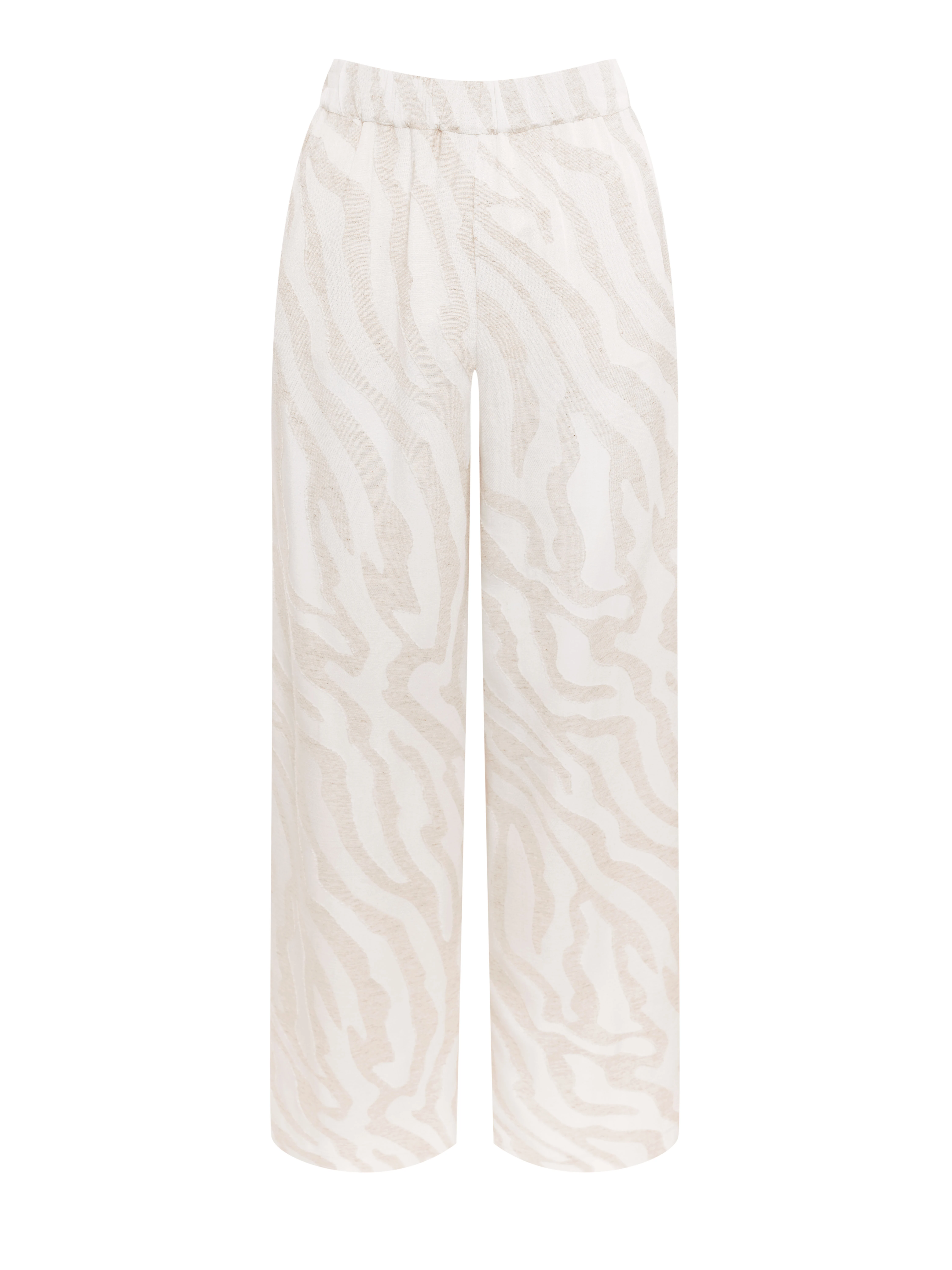 Light-colored pants with an animal print and linen accents