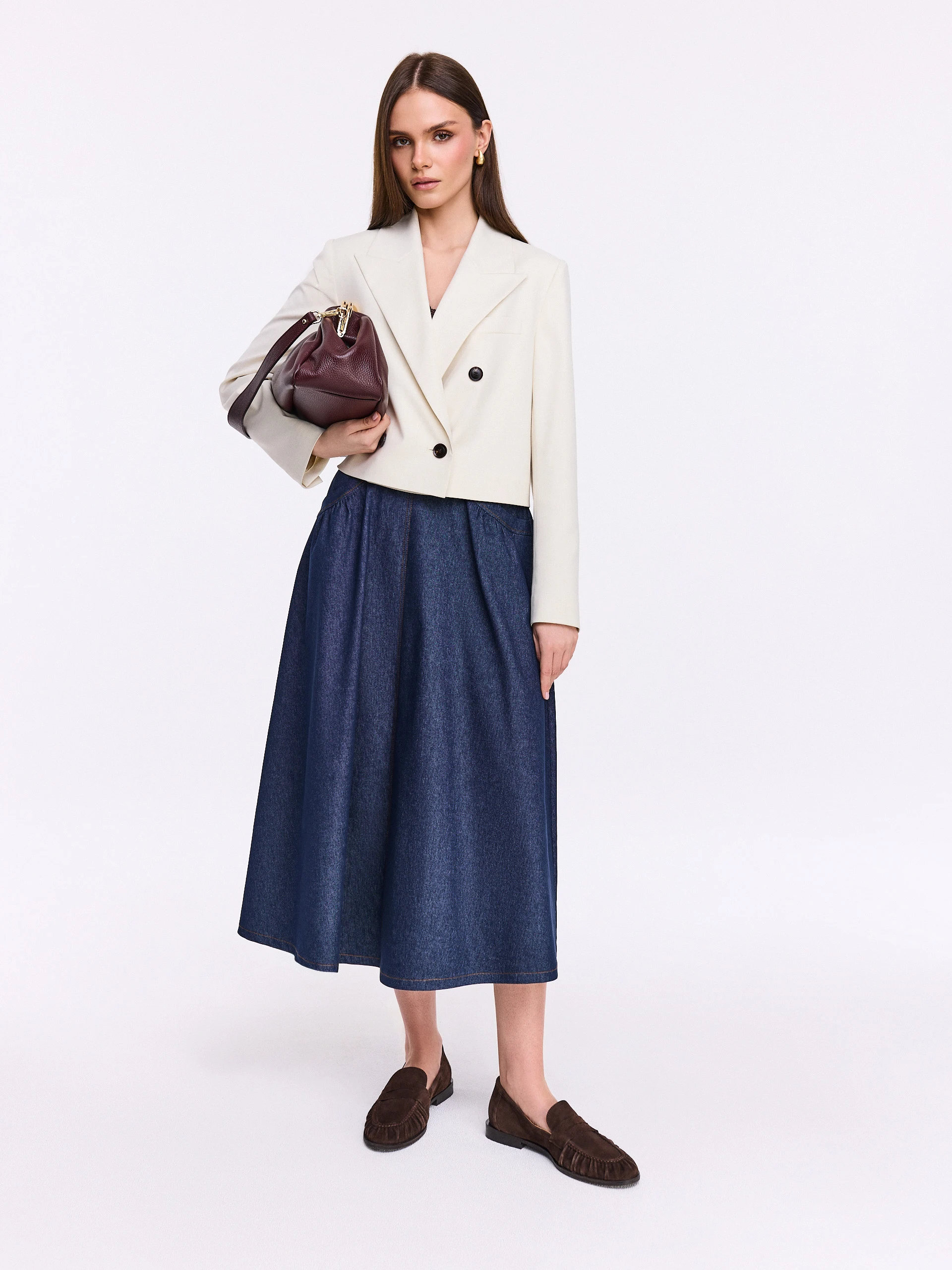 High-waisted denim midi skirt