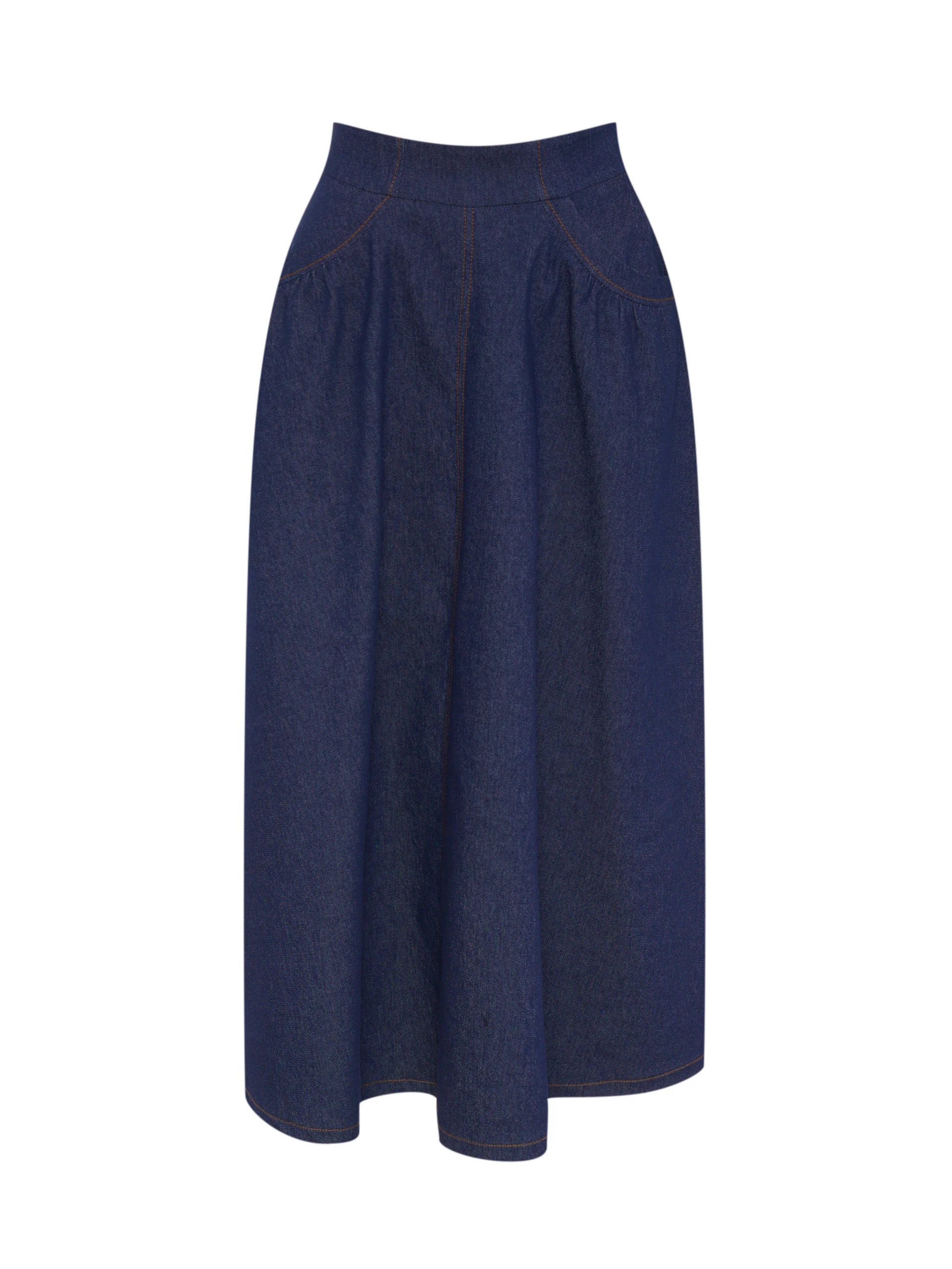 High-waisted denim midi skirt