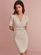 BEIGE DRESS WITH ENVELOPE NECKLINE