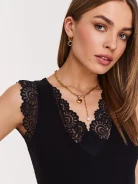 Black viscose blouse with lace inserts