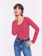 Red striped long-sleeved blouse