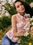 Powder pink button-down blouse with small jabot