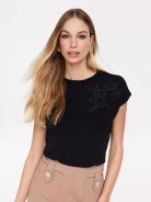 Black blouse with short sleeves and patch applique