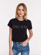 Black blouse with short sleeves and inscription