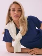 Navy cotton and modal blouse with a V-neck