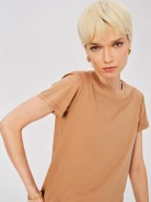 Caramel short-sleeved blouse with linen and silk accents