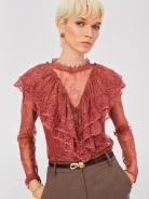 Lace blouse with brick-colored embellishments