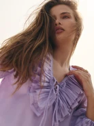 Lilac lyocell blouse with frill and tie