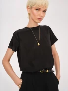 Black silk blouse with short sleeves