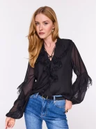 Black rayon blouse with lace embellishments
