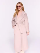 Powder pink alpaca and wool coat with a belt at the waist