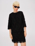 Black cotton dress with embroidered flowers