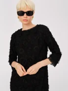 Black cotton dress with embroidered flowers