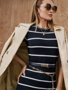 Dark blue leather belt with decorative buckle