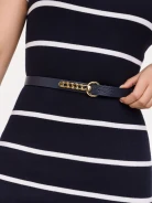 Dark blue leather belt with decorative buckle