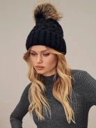 Black beanie with added wool and fur pompom