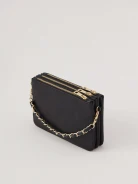 Black leather handbag on a long strap