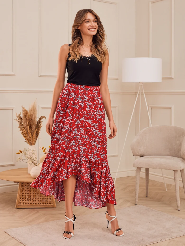 LONG RED SKIRT WITH FLOWERS