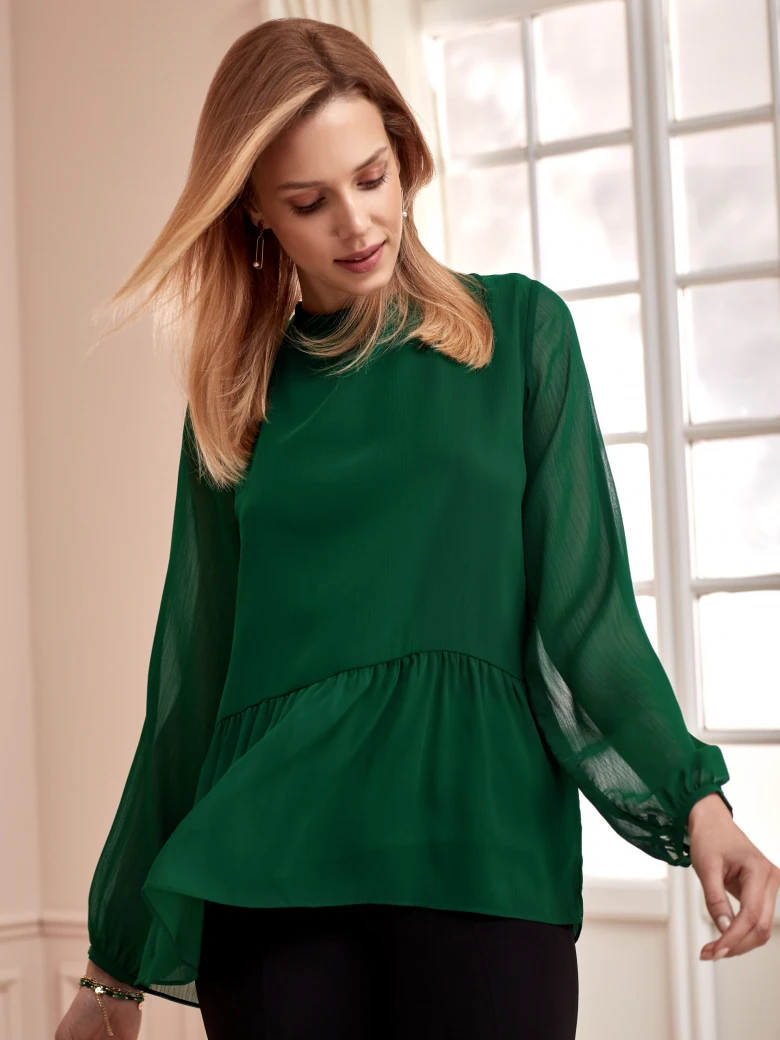 GREEN BLOUSE WITH BLACK BINDING ON THE BACK
