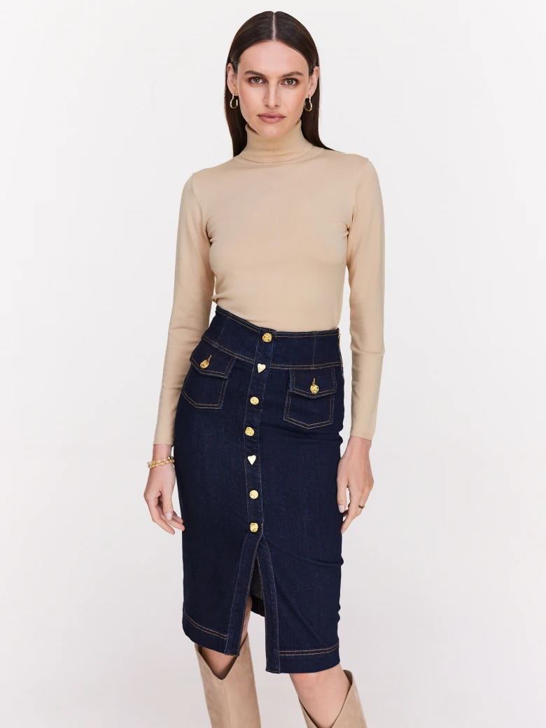 Navy blue high-waisted denim skirt