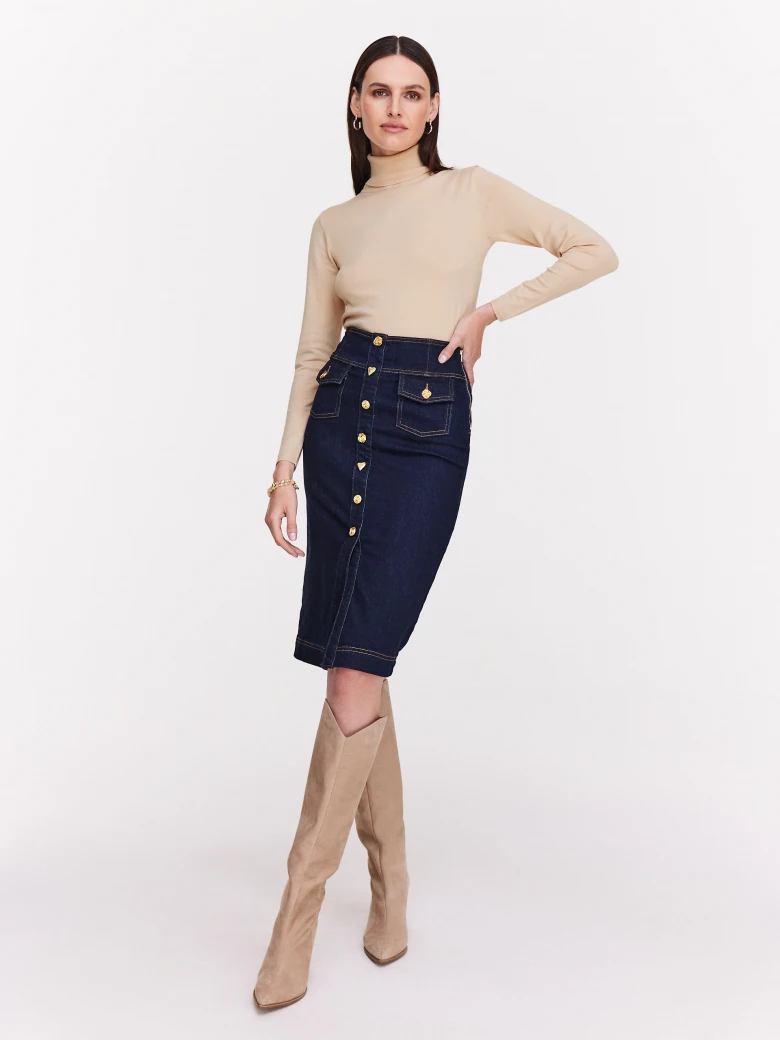 Navy blue high-waisted denim skirt