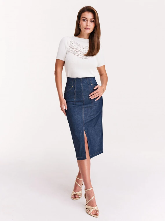 Navy blue denim skirt with slit