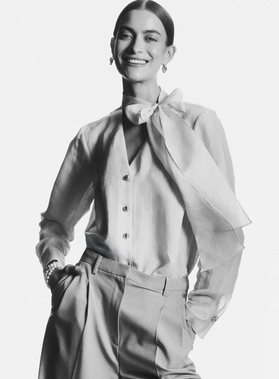 Cream striped blouse with a tie at the neck