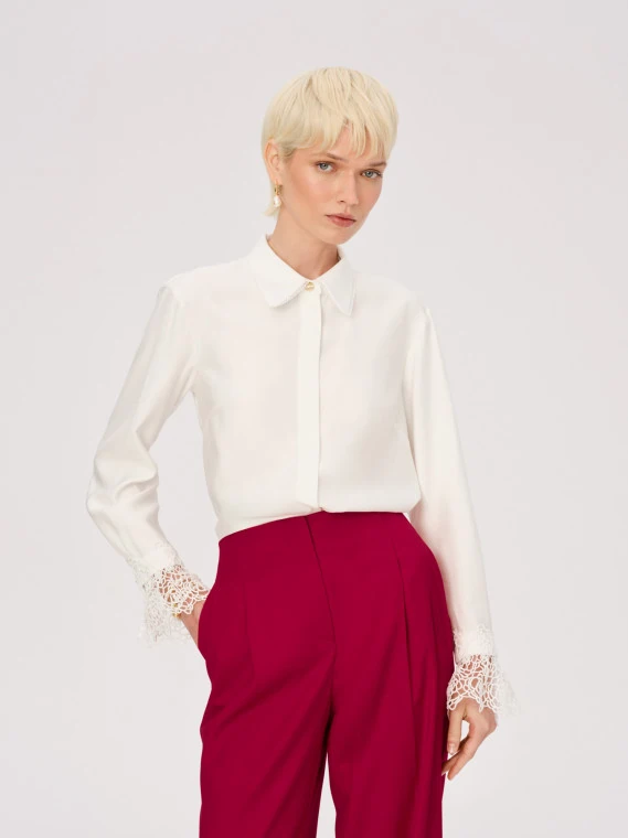 White viscose shirt with openwork cuffs