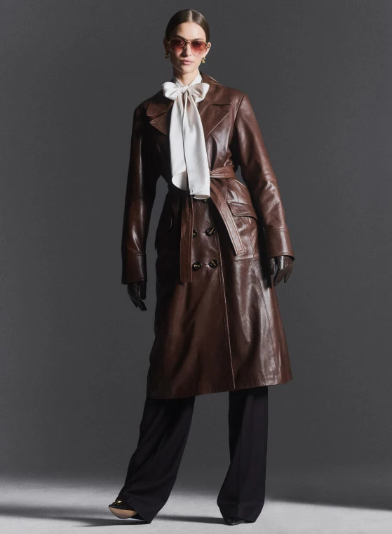 Chocolate brown leather trench coat