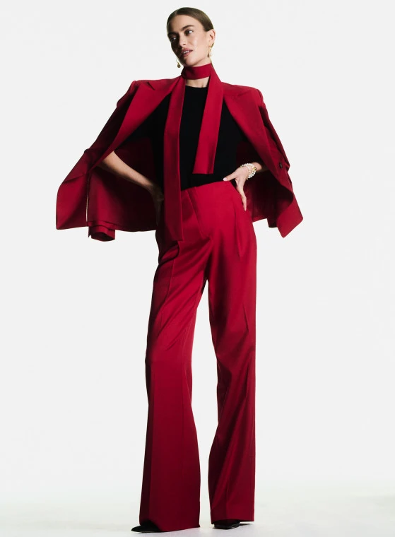 Red high-waisted suit pants