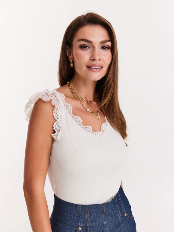 Ribbed white blouse with lace inserts