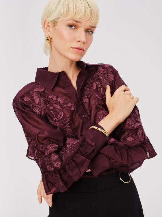 Transparent burgundy lyocell shirt with embroidery