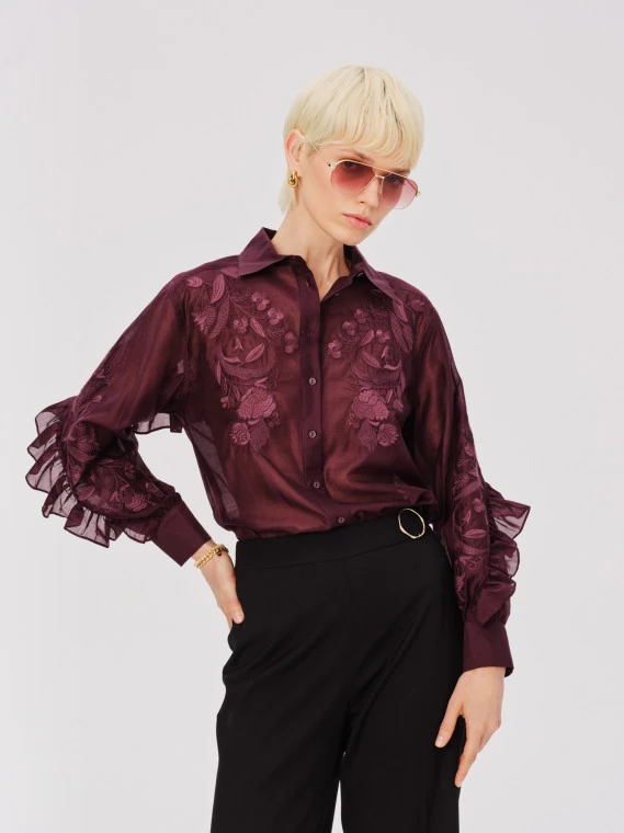 Transparent burgundy lyocell shirt with embroidery