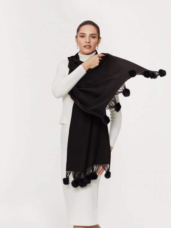 Black scarf with pompoms