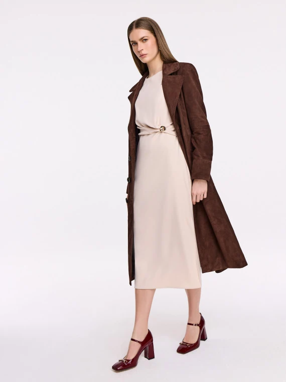 Cream midi dress with ruffles at the waist