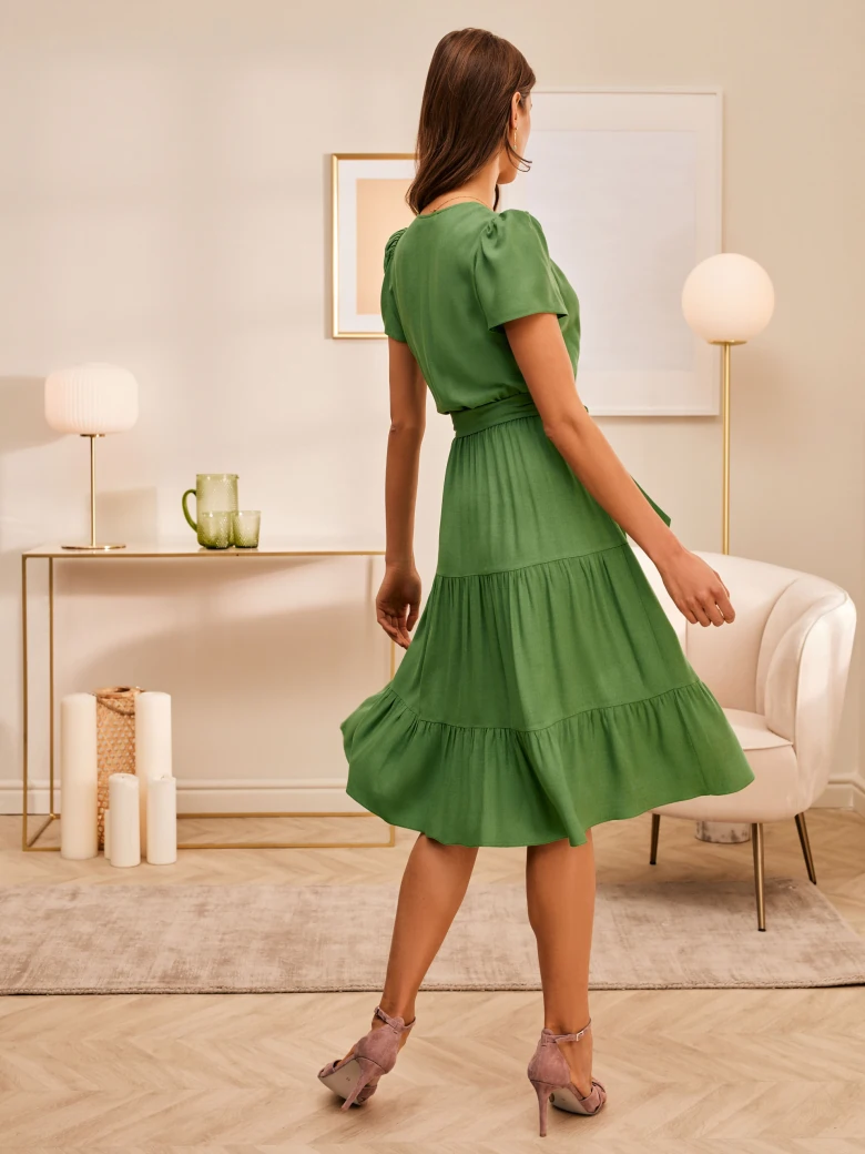 GREEN DRESS WITH ENVELOPE NECKLINE