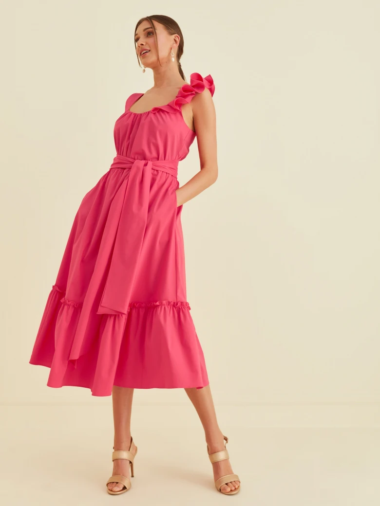 PINK DRESS WITH FRILLS AND WAIST TIE