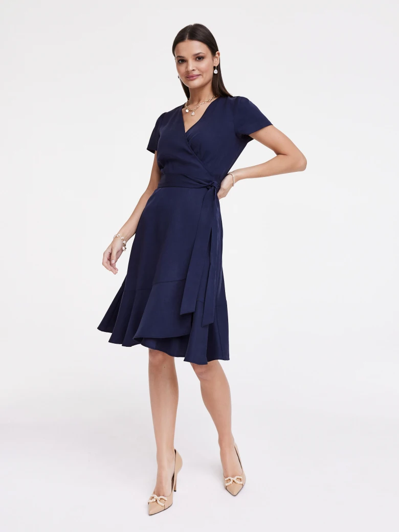 Navy blue dress with envelope neckline