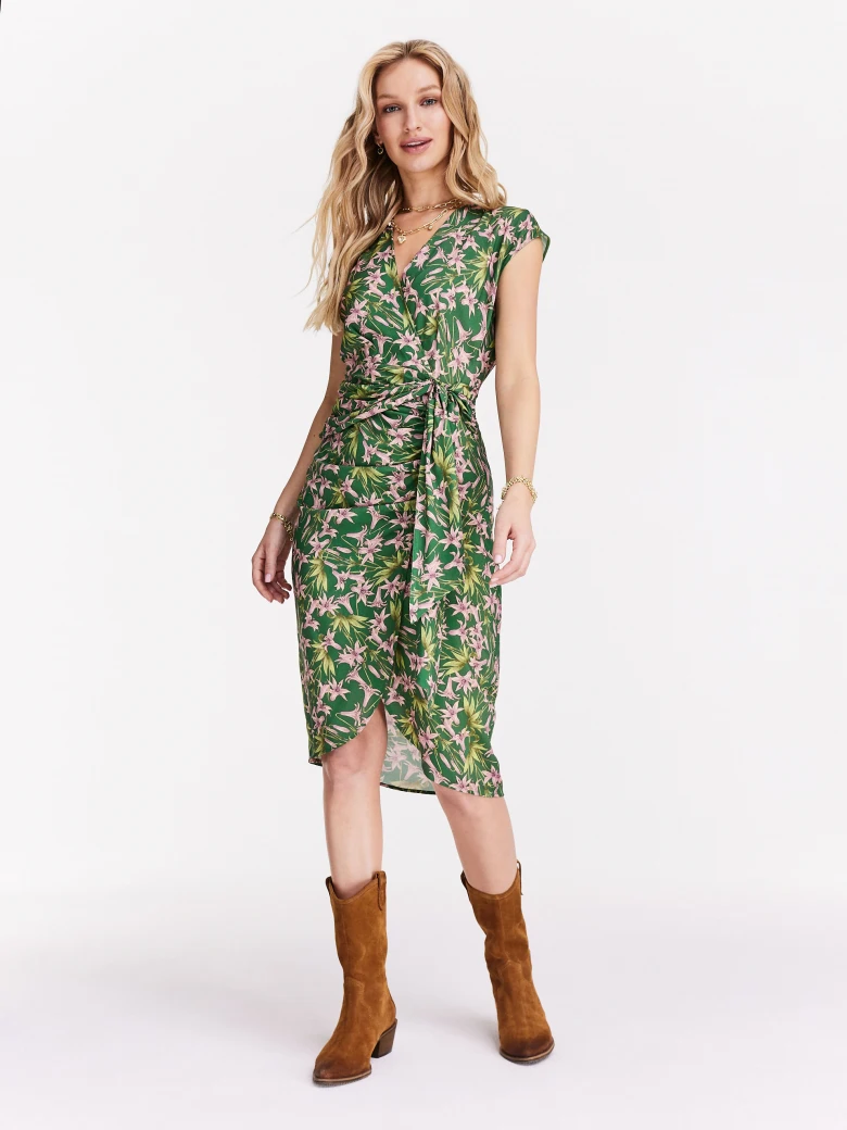 Asymmetrical green dress with exotic flowers