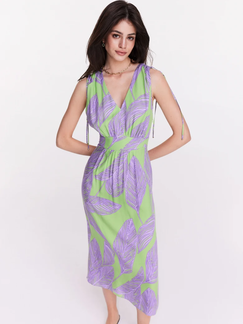 Long pistachio dress with lavender pattern