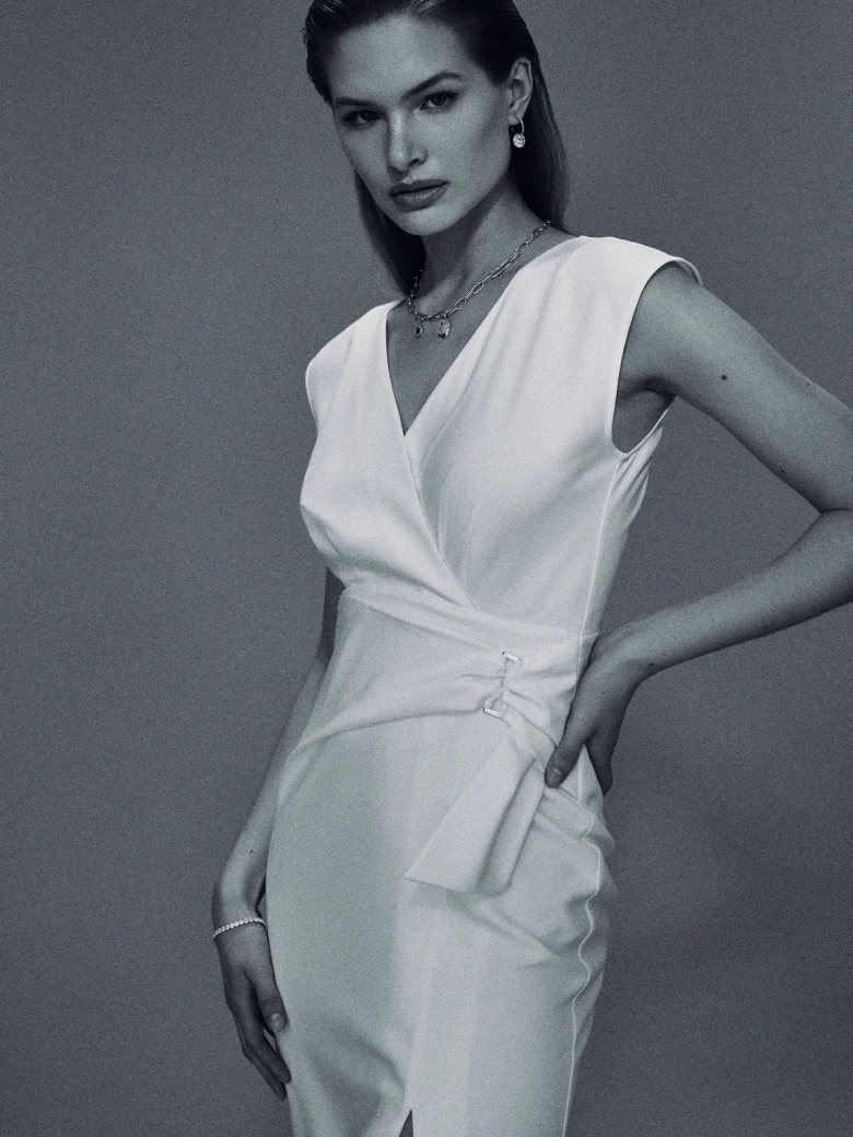 White dress with envelope neckline