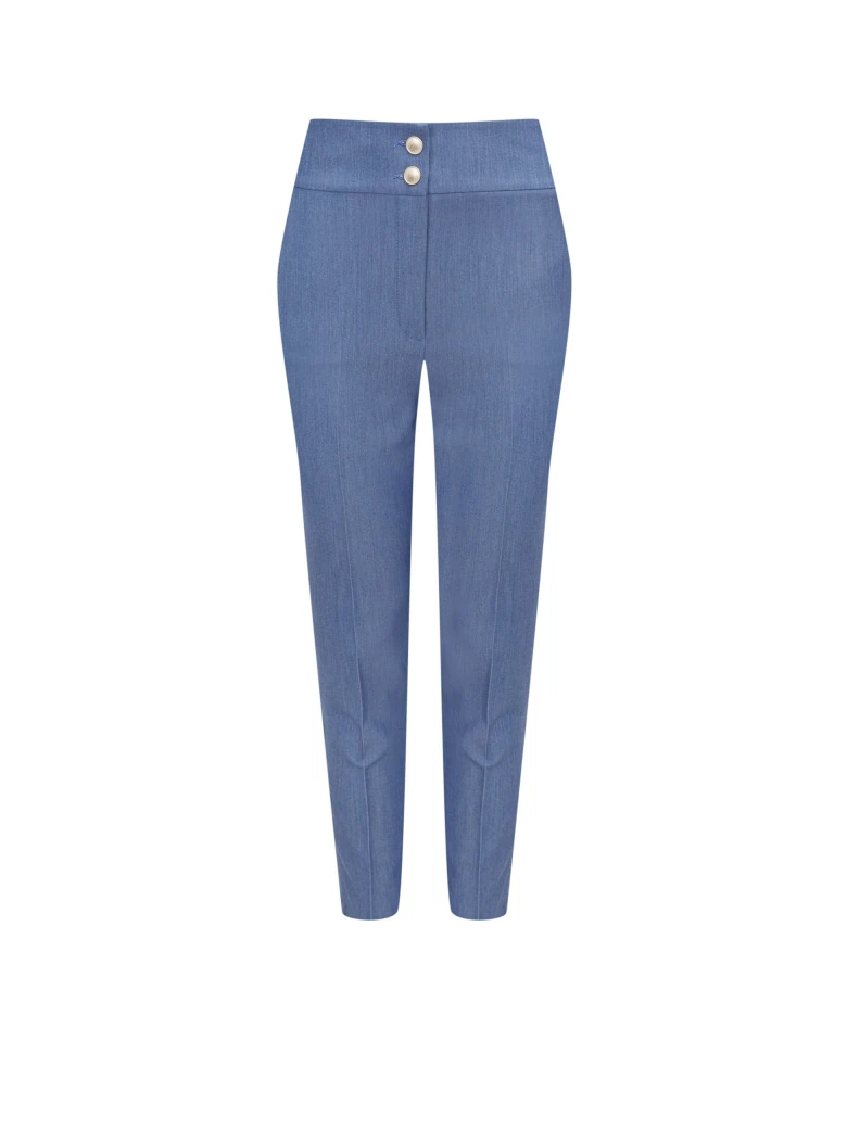 Blue pants with narrow legs and high rise